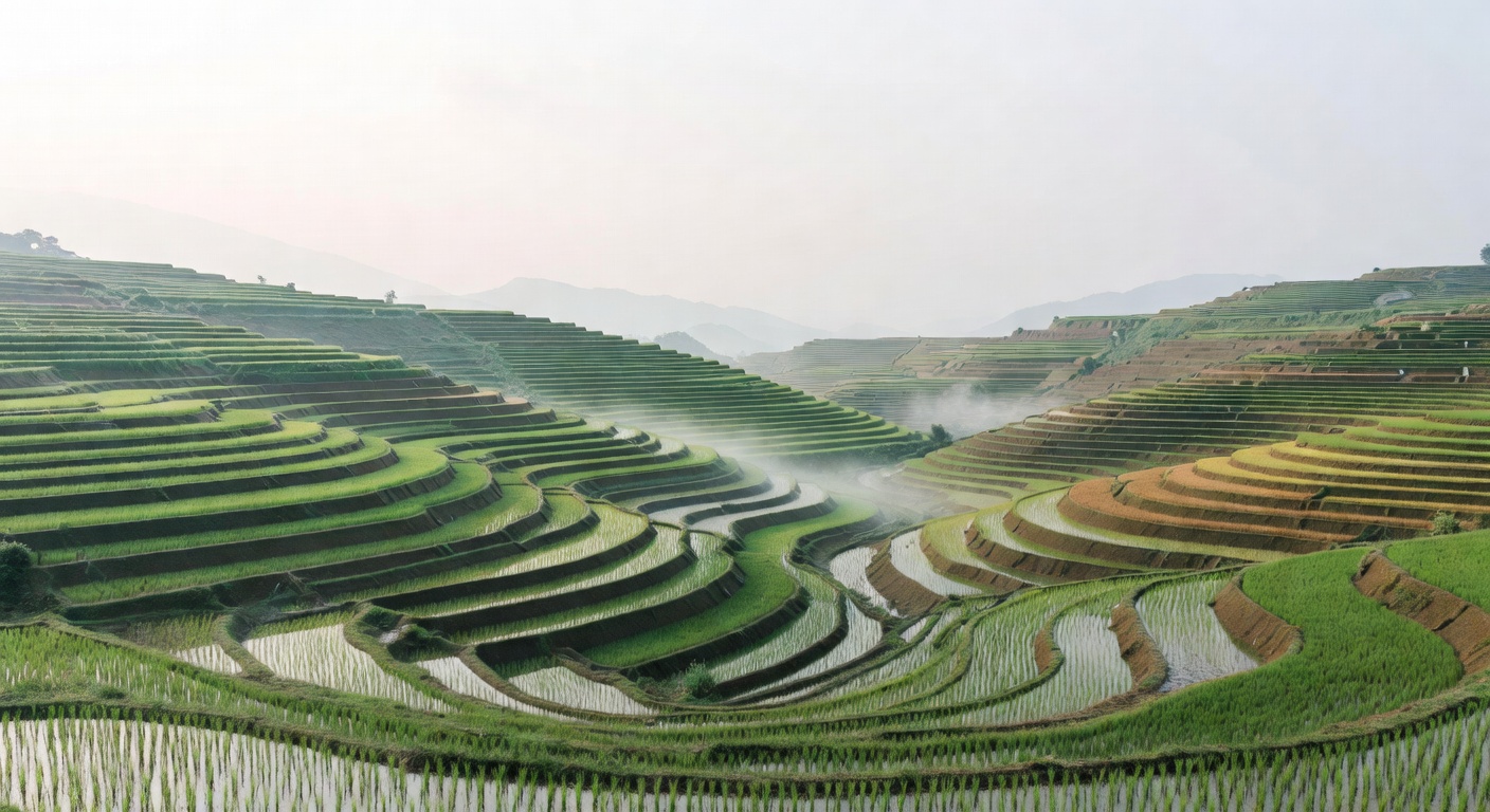 Terraced rice paddies in a Japanese valley, representing methodical and cultivated growth